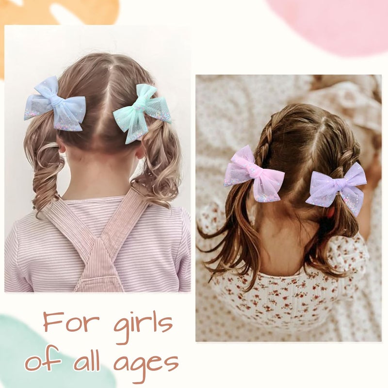 C.N. 6 PCS Tulle Hair Bows for Girls, Toddler Bows with Glitter Star Alligator, Colorful Hair Barrettes Wedding Hair Accessories for Baby Girls Infants Toddler Teens Party (Type D) - Image 4